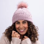 Only Curls Satin Lined Knitted Beanie Hat - Dusty Pink with Pom Pom - Only Curls