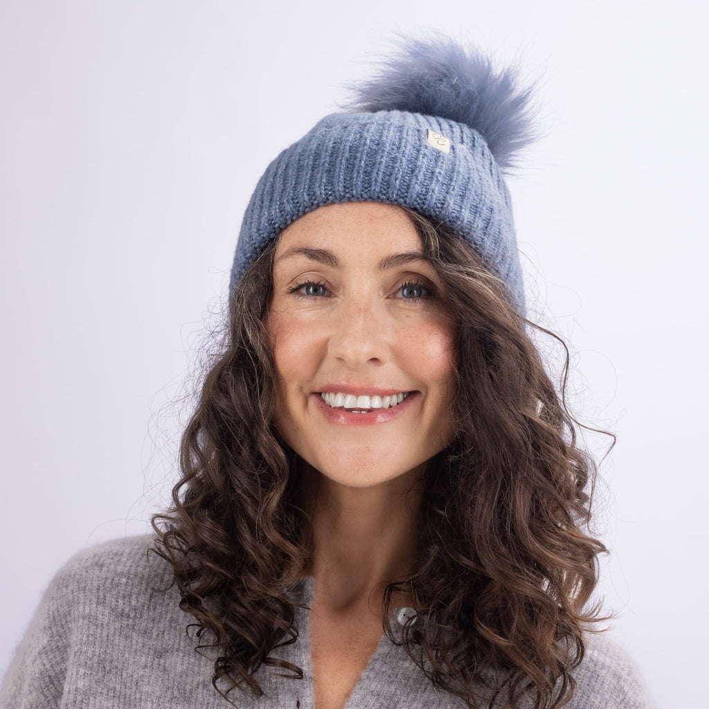 Only Curls Satin Lined Beanie with Pom - Carrie in Dusty Blue - Only Curls