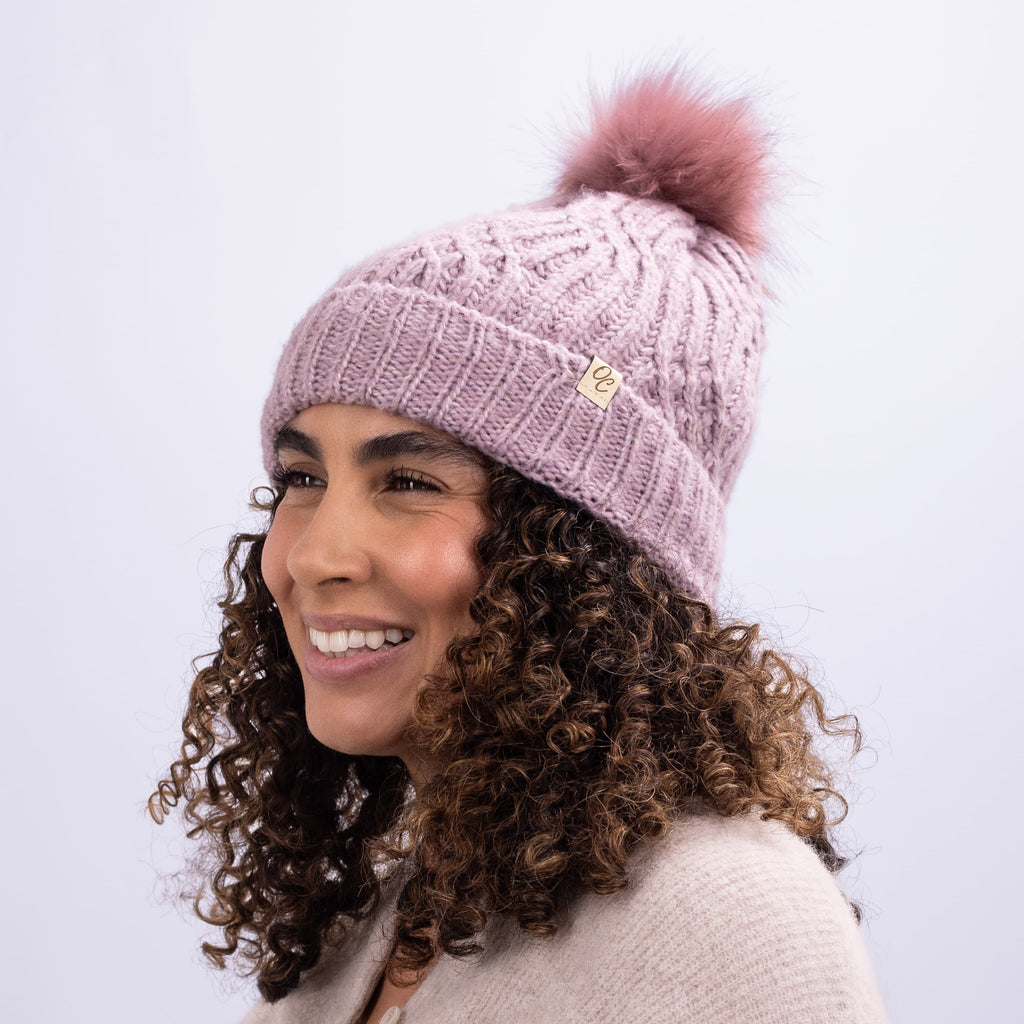 Only Curls Satin Lined Knitted Beanie Hat - Dusty Pink with Pom Pom - Only Curls