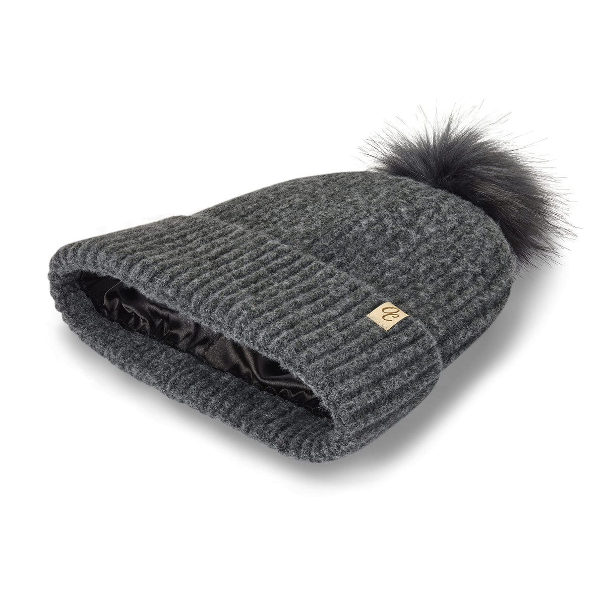 Only Curls Satin Lined Beanie with Pom - Carrie in Dark Grey