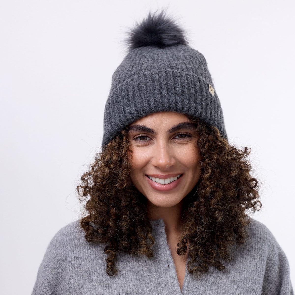 Only Curls Satin Lined Beanie with Pom - Carrie in Dark Grey