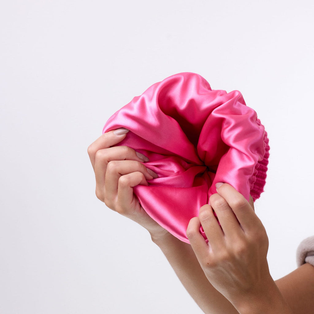 Only Curls Satin Lined Beanie with Pom - Carrie in Hot Pink - Only Curls