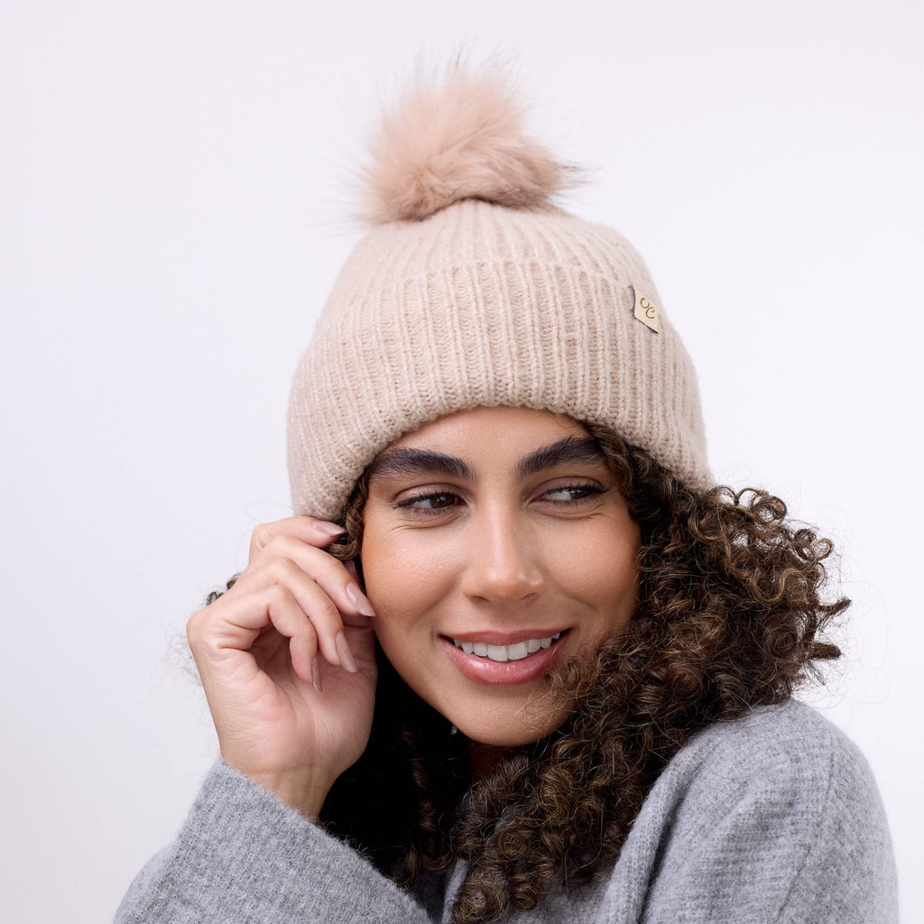 Only Curls Satin Lined Beanie with Pom - Carrie in Sand - Only Curls