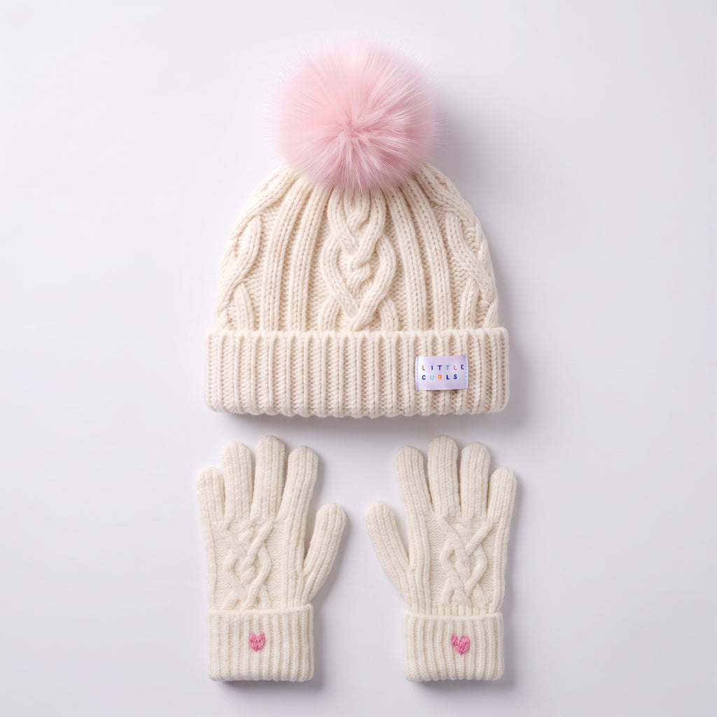 Little Curls Ivory Cable Knit Satin-Lined Beanie & Glove Set - Only Curls