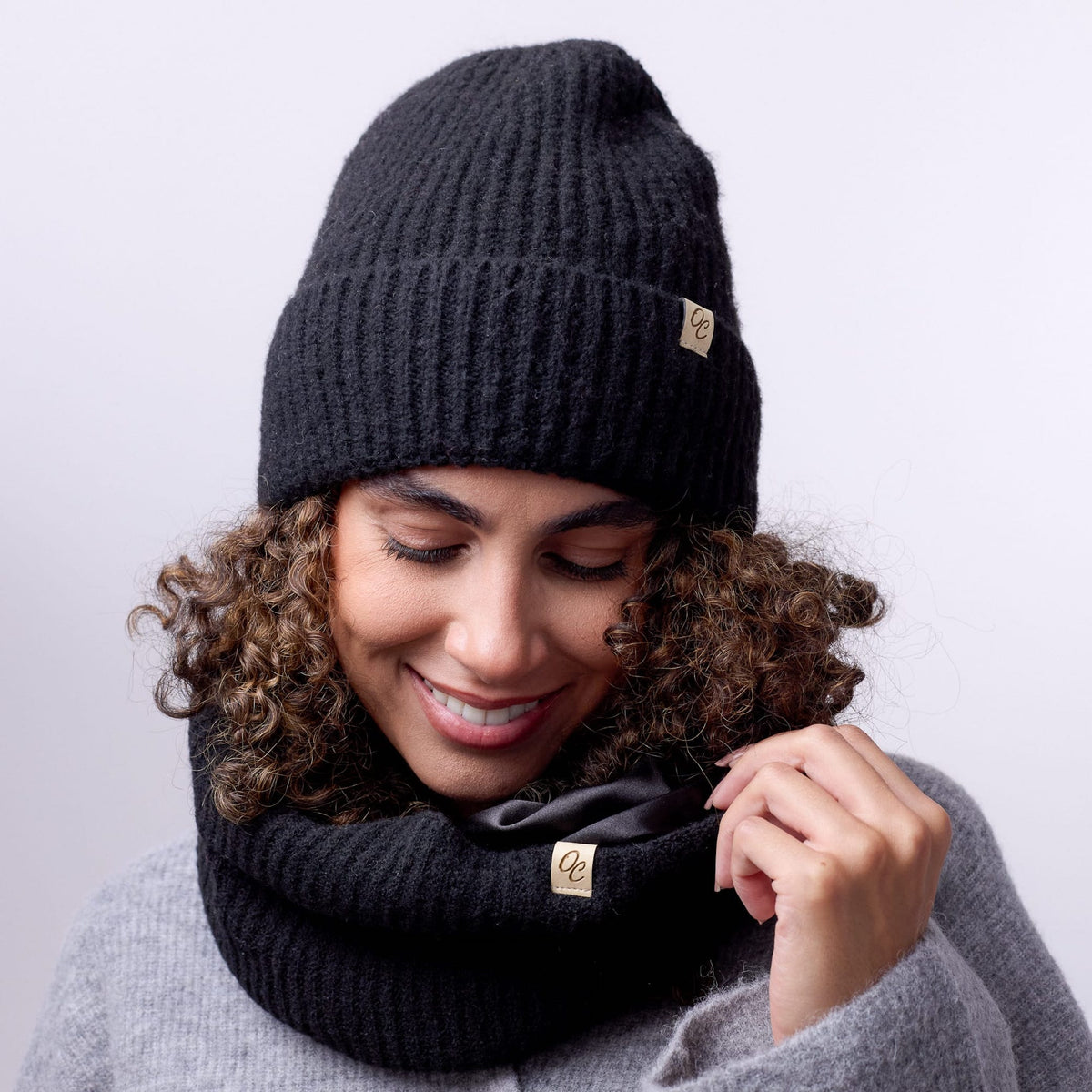 Only Curls Satin Lined Beanie and Snood Set - Sophia in Black