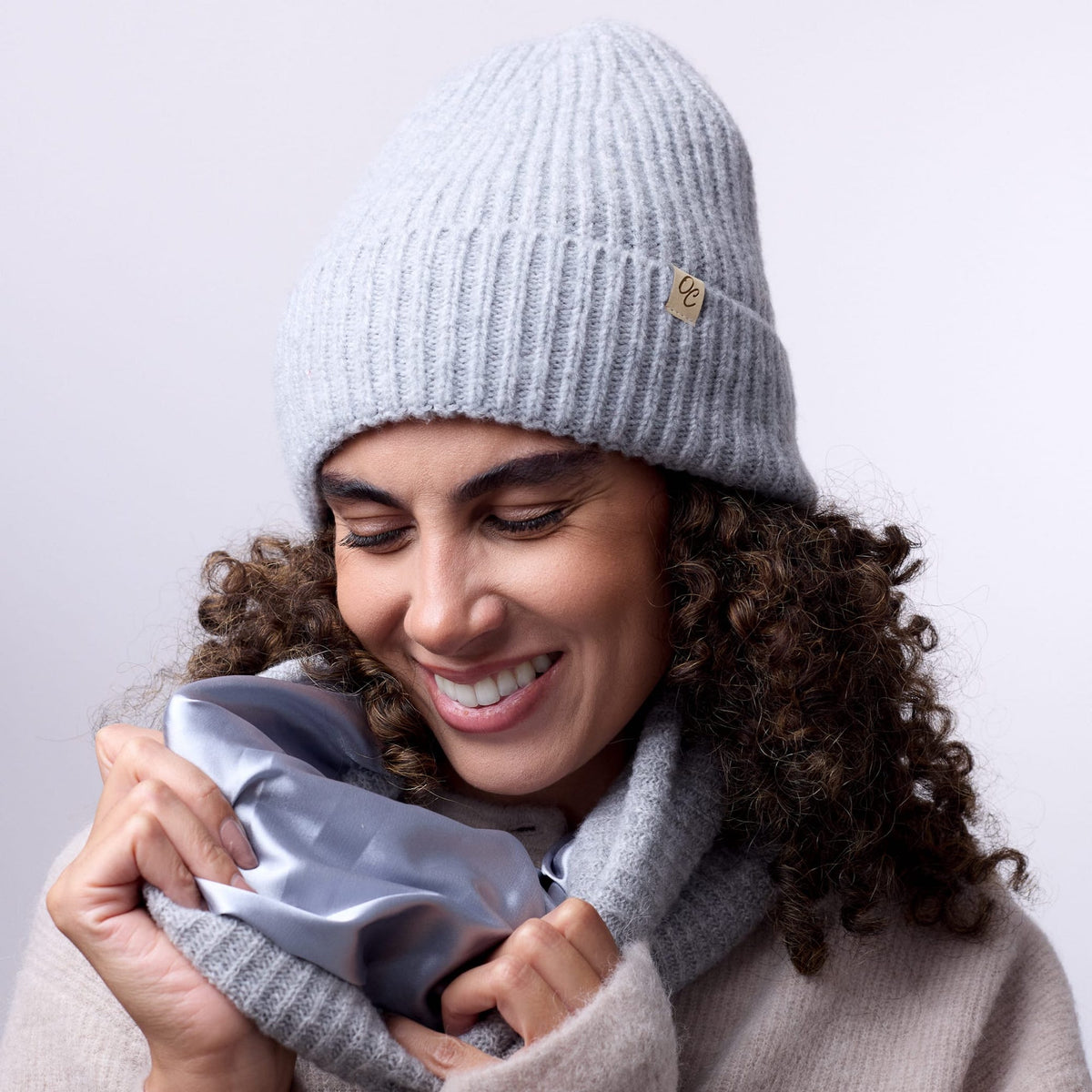 Only Curls Satin Lined Beanie and Snood Set - Sophia in Grey