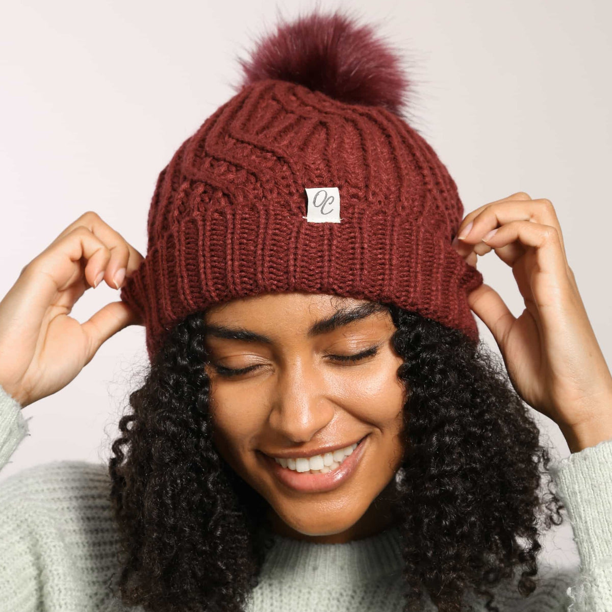 Only Curls Satin Lined Knitted Beanie Hat - Burgundy with Pom Pom - Only Curls